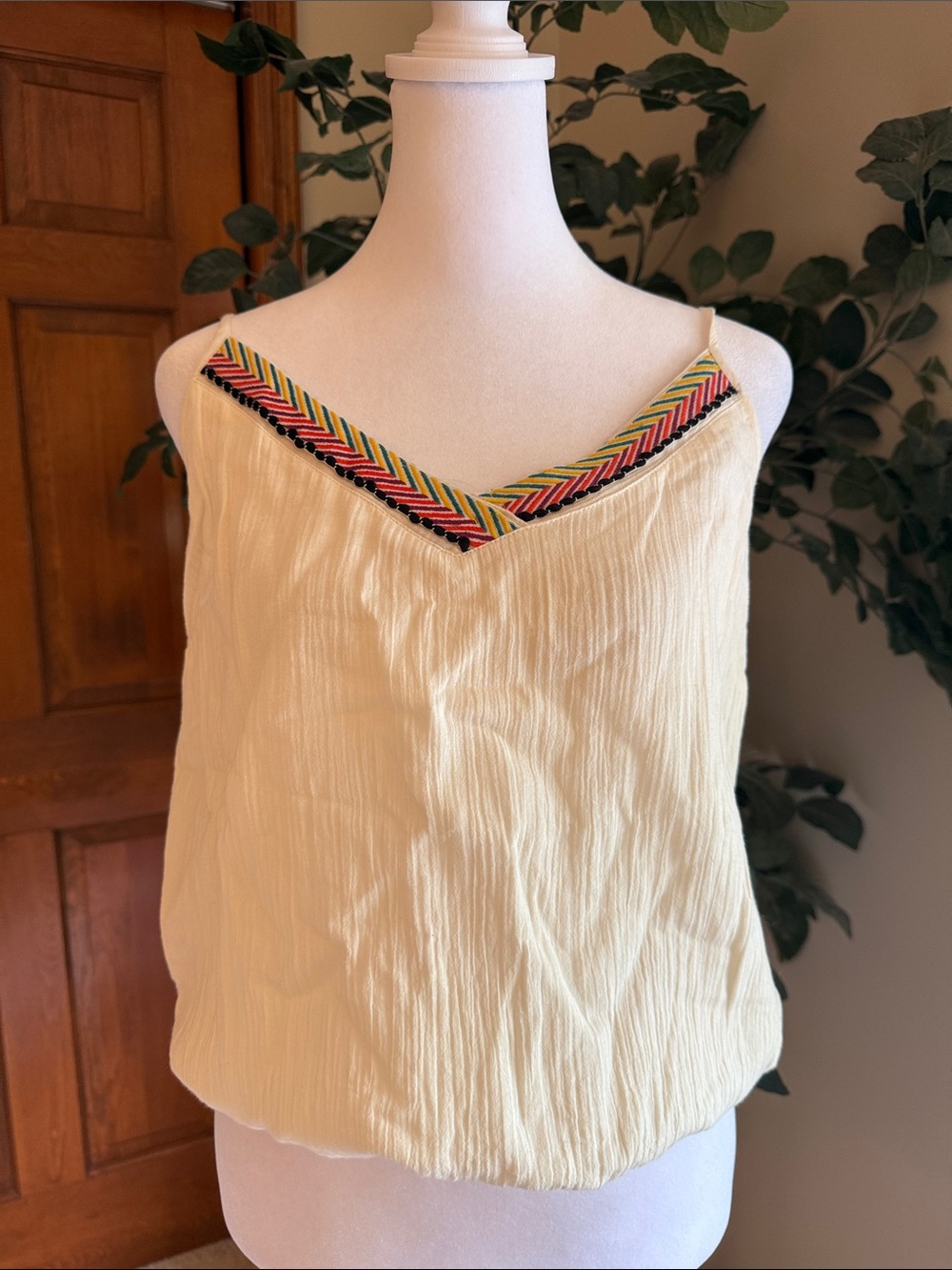 lovestitch Cream V-Neck Cami with Colorful Embroidered Trim NWT